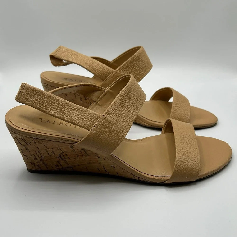 Talbots Tan Pebbled Leather Cork Wedge Slingback Sandals 11M Brazil Quiet Luxury